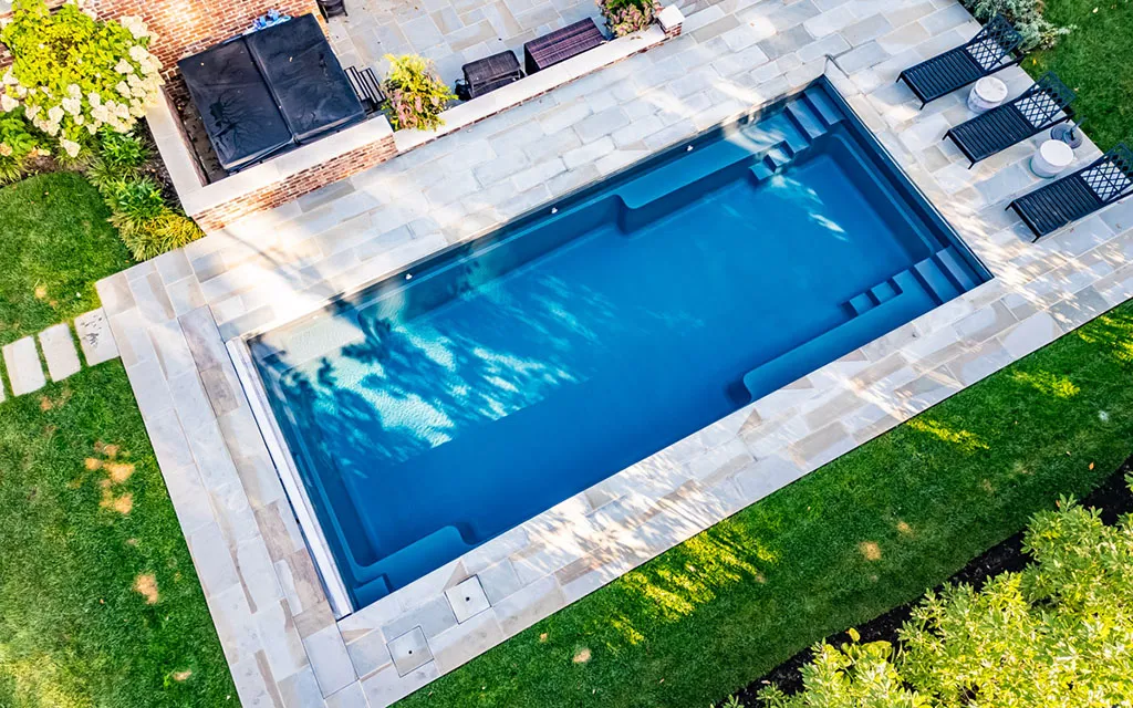 Drone view of a Leisure Pools inground fiberglass pool Leisure Pools Myrtle Beach: coastal South Carolina's trusted fiberglass pool experts
